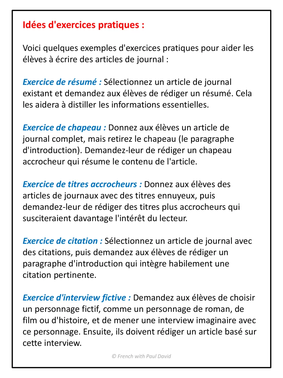 Practice ideas for news writing: summary, lead paragraph, catchy headline, quotation and fictional interview exercises