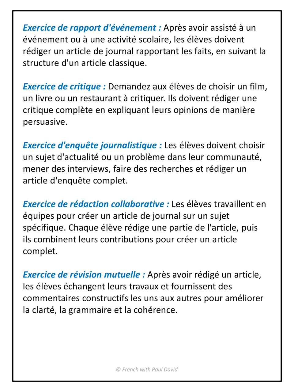 More French writing exercises: event report, review, investigative piece, collaborative team article and peer revision