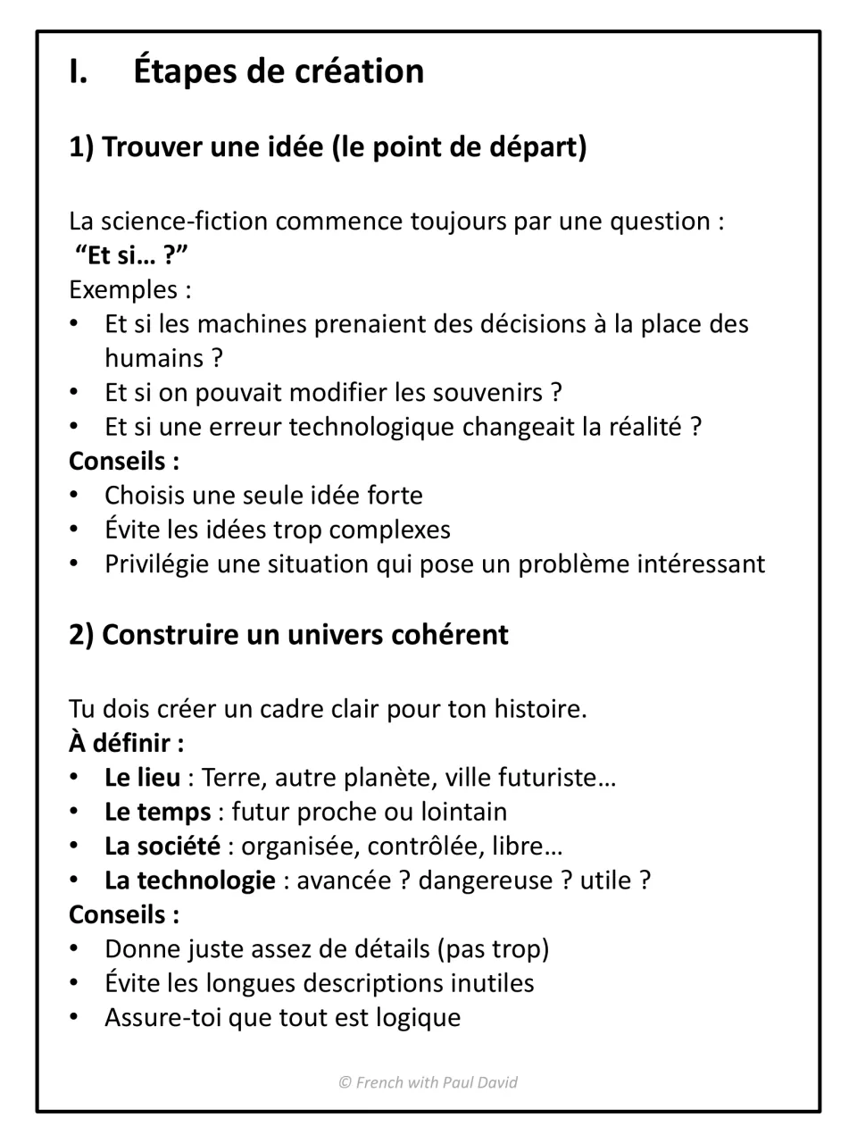 Sci-fi writing steps in French: finding an 'Et si... ?' idea and building a world by place, time, society and technology