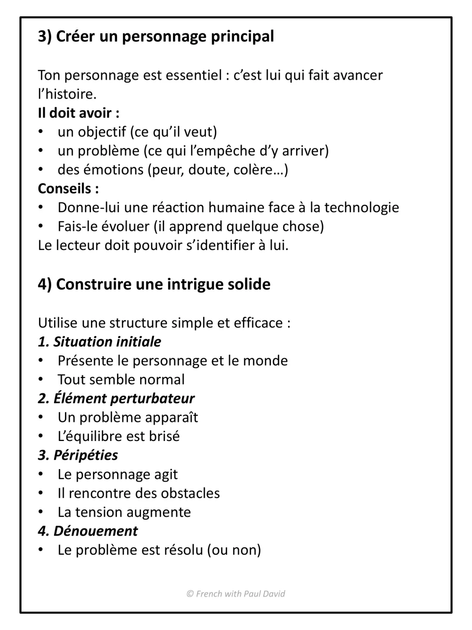 Main character and plot guide in French: goal, problem, emotions, then initial situation, disruption, events, resolution