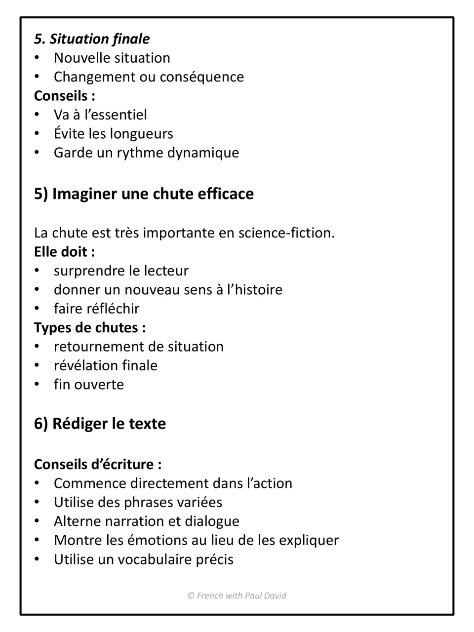 Final situation, twist endings and drafting tips in French: reversal, final reveal or open ending; start in the action