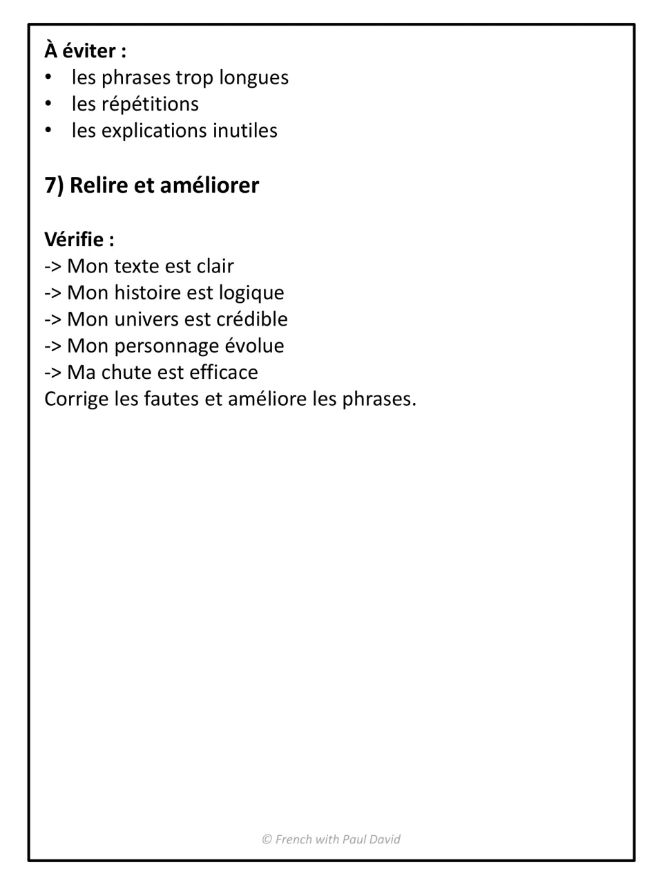 Revision checklist in French: students check that text, story, world, character growth and twist ending all work