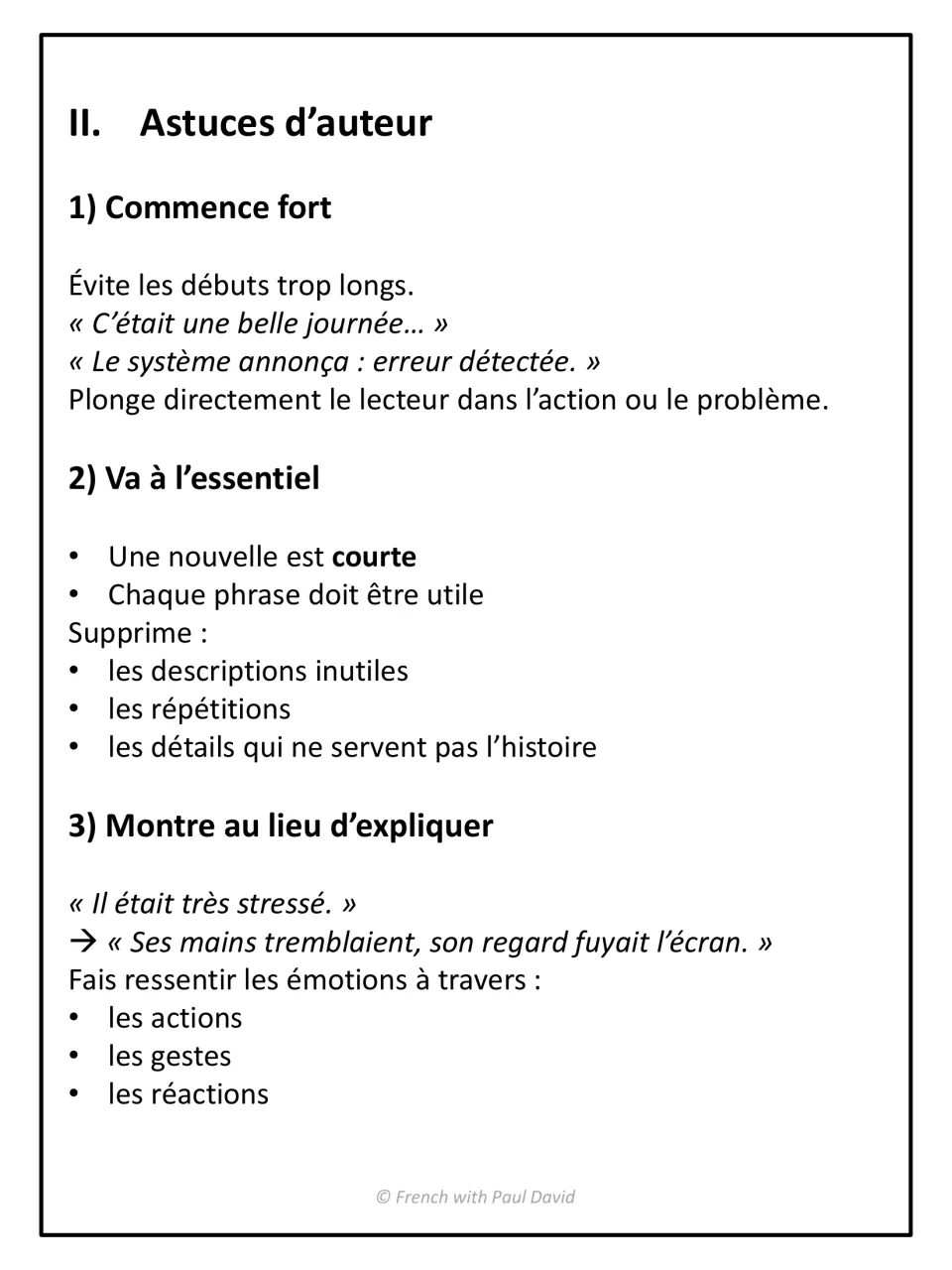 Author tips in French: open strongly, keep only useful sentences, and show emotions through actions instead of telling