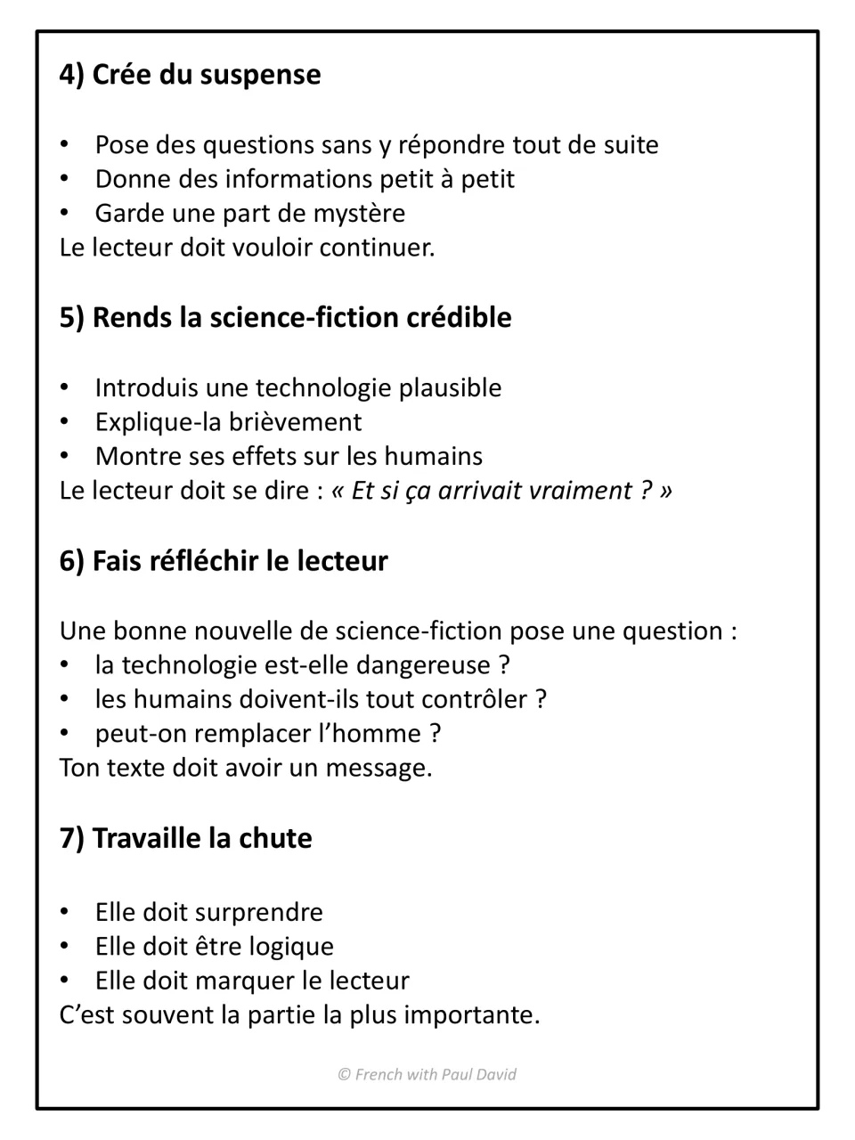 More author tips in French: building suspense, plausible technology, a message for the reader and a memorable ending