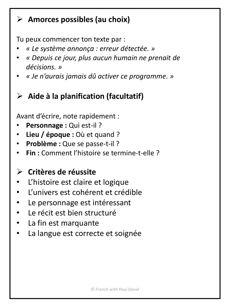 Story starters, a planning prompt for character, setting, problem and ending, and success criteria for the story in French
