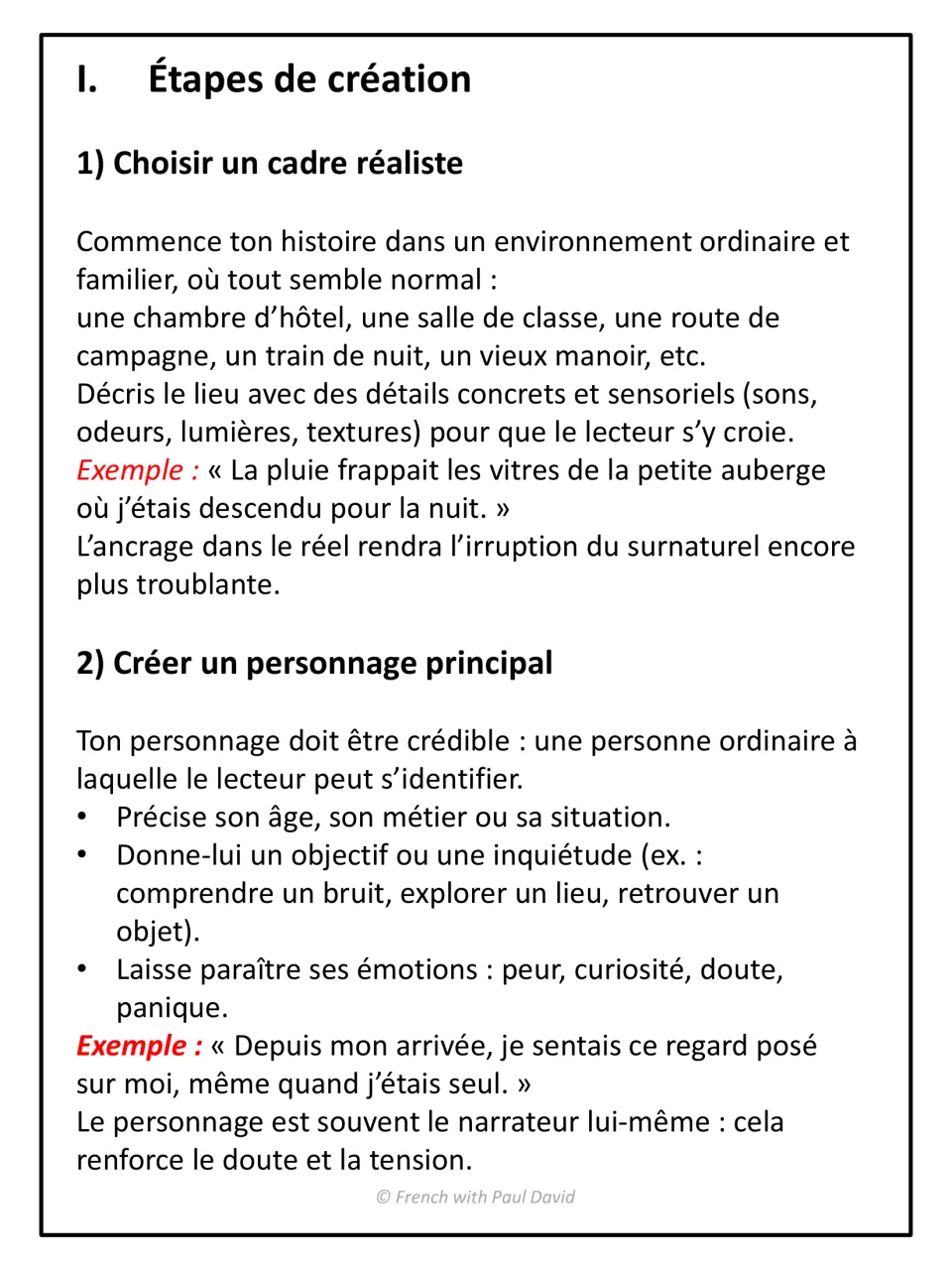 Étapes de création, steps 1-2: students choose a realistic setting and build a credible main character, with examples