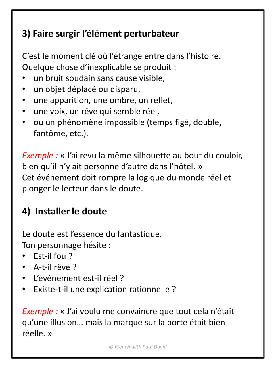 Fantastique story steps 3-4: bringing in the élément perturbateur and creating doubt, with strange events and examples