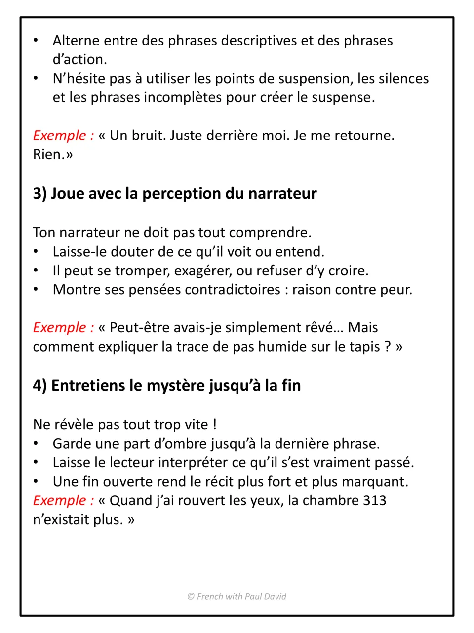Author tips 3-4: suspense via rhythm, playing with the narrator's perception and keeping the mystery to the end