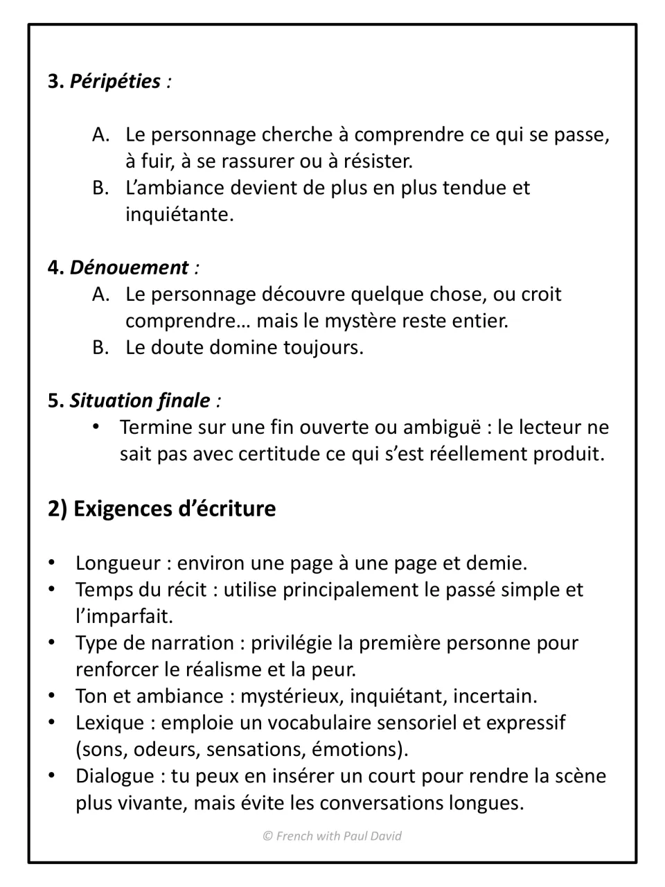 Structure parts 3-5 (péripéties, dénouement, situation finale) and writing requirements: length, tenses, narration, tone