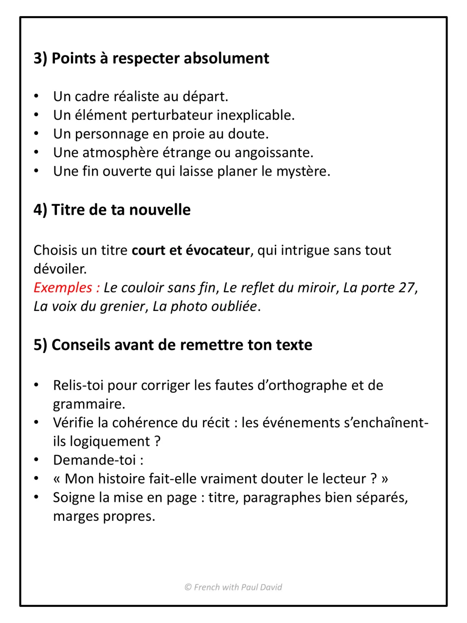 Must-have story elements, choosing a short evocative title with sample titles, and proofreading tips before handing in