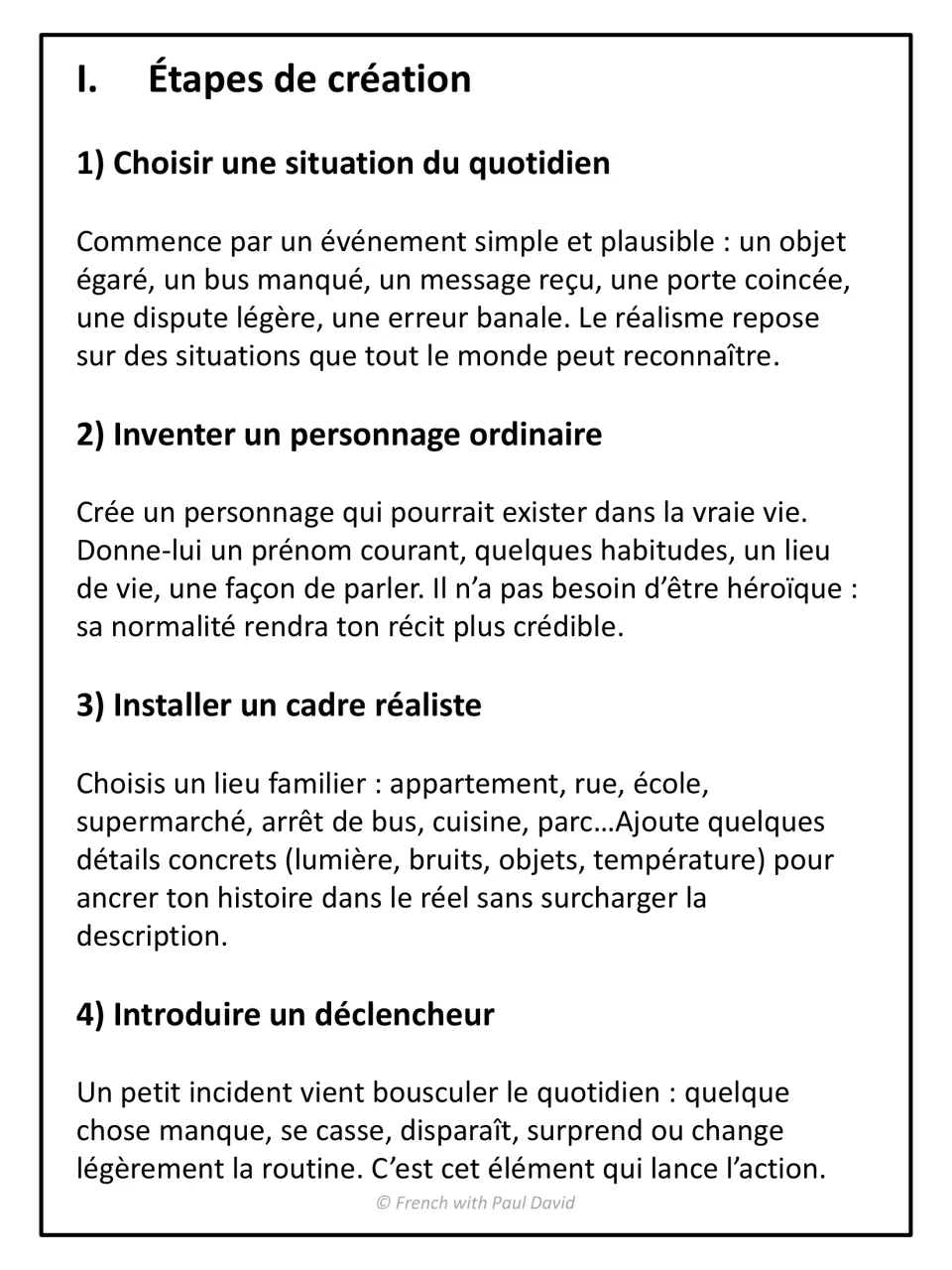 Étapes de création, steps 1-4 for a realistic story: choose an everyday situation, ordinary character, setting, trigger