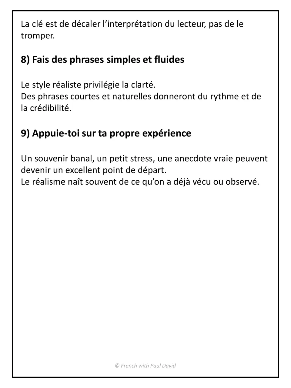 Final writer tips 8-9 in French: write simple, flowing sentences and draw on personal experience for a story idea