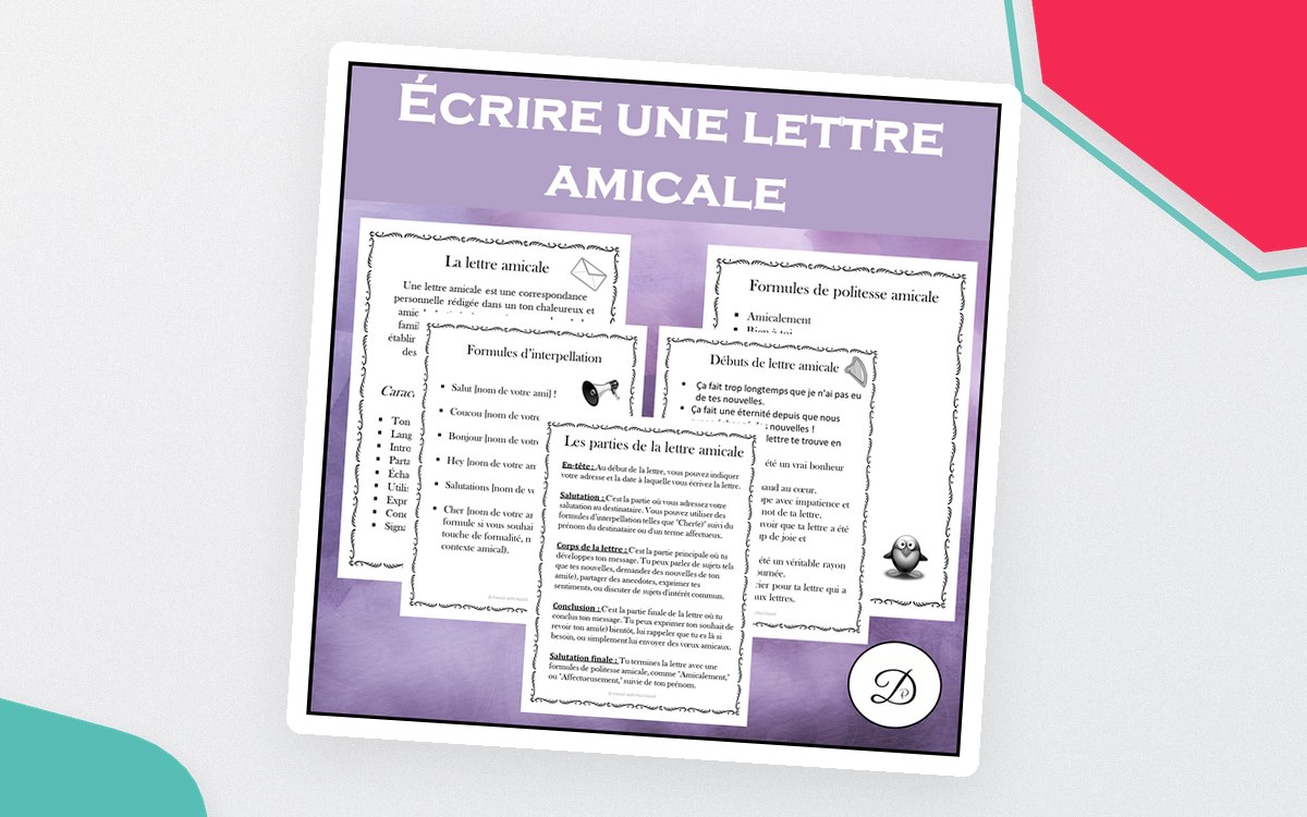Écrire une Lettre Amicale cover with vocabulary, useful phrases, model letter, and prompt previews.