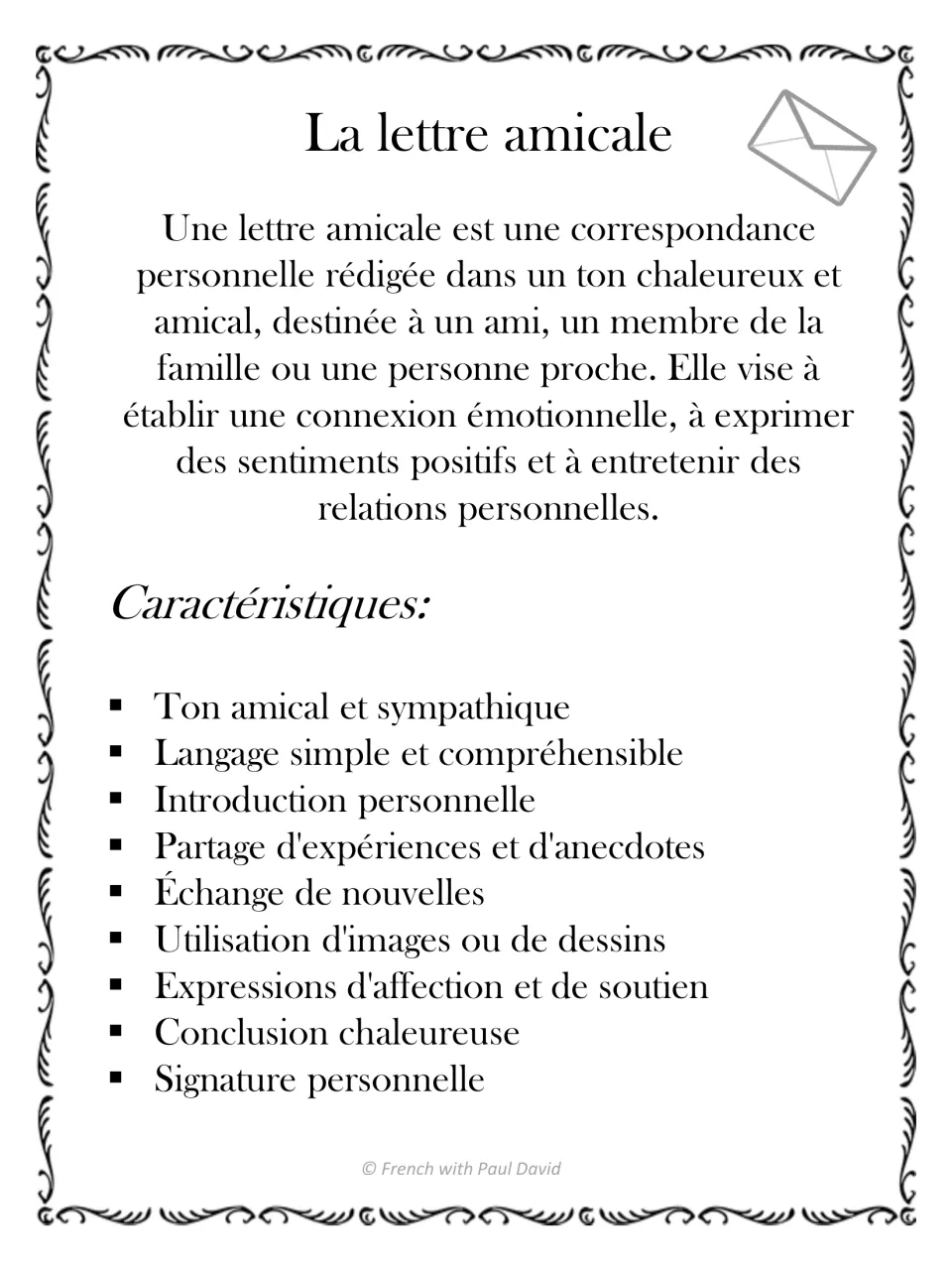 La lettre amicale: French definition of a friendly letter followed by a list of nine features such as tone and signature