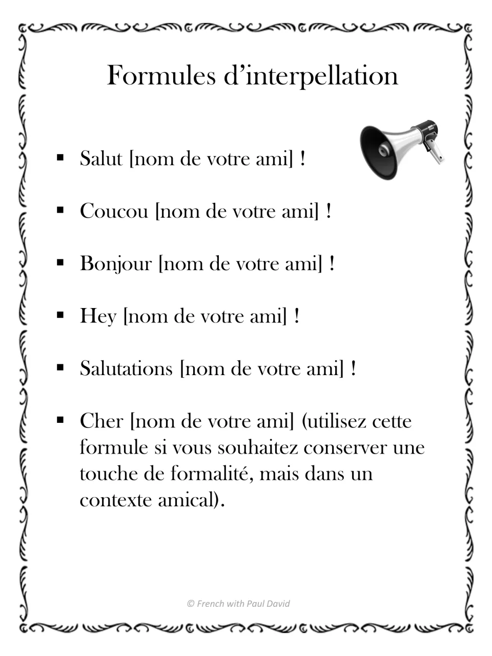 Formules d'interpellation: six French greetings for opening a letter to a friend, from Salut and Coucou to Cher