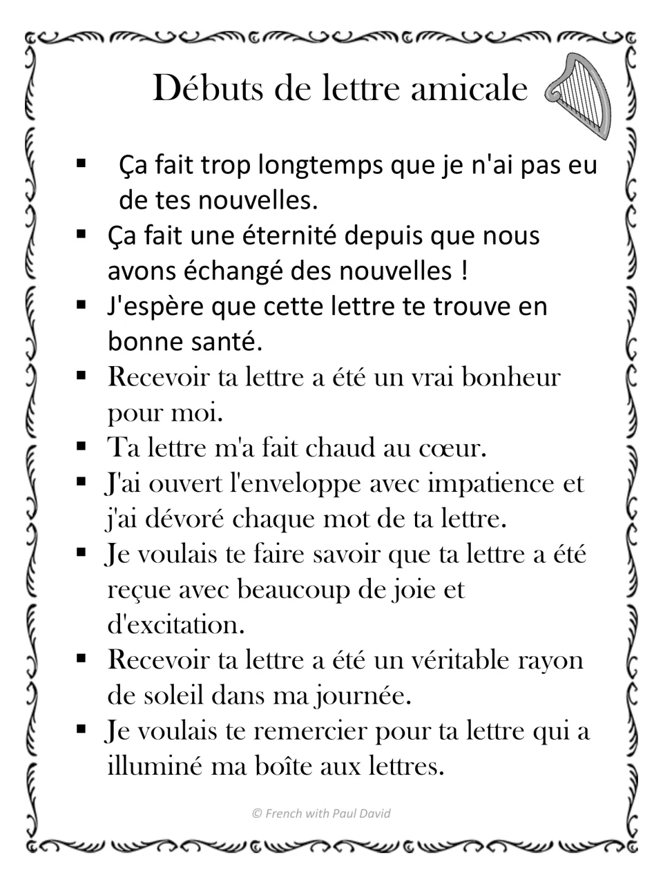 Débuts de lettre amicale: nine French opening sentences, such as thanking a friend for their letter or wishing good health