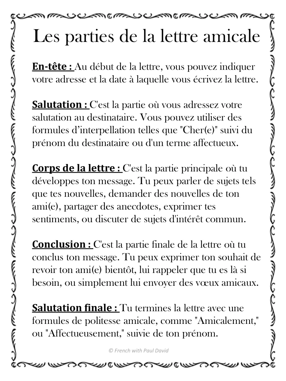 Les parties de la lettre amicale: explains the en-tête, salutation, corps, conclusion and salutation finale in French