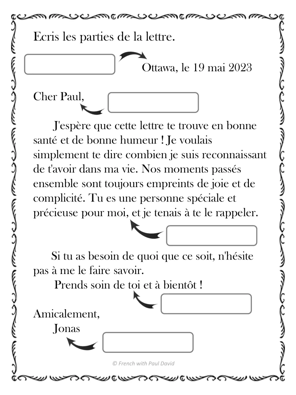 Écris les parties de la lettre: students label the five parts of a sample friendly letter from Jonas to Paul