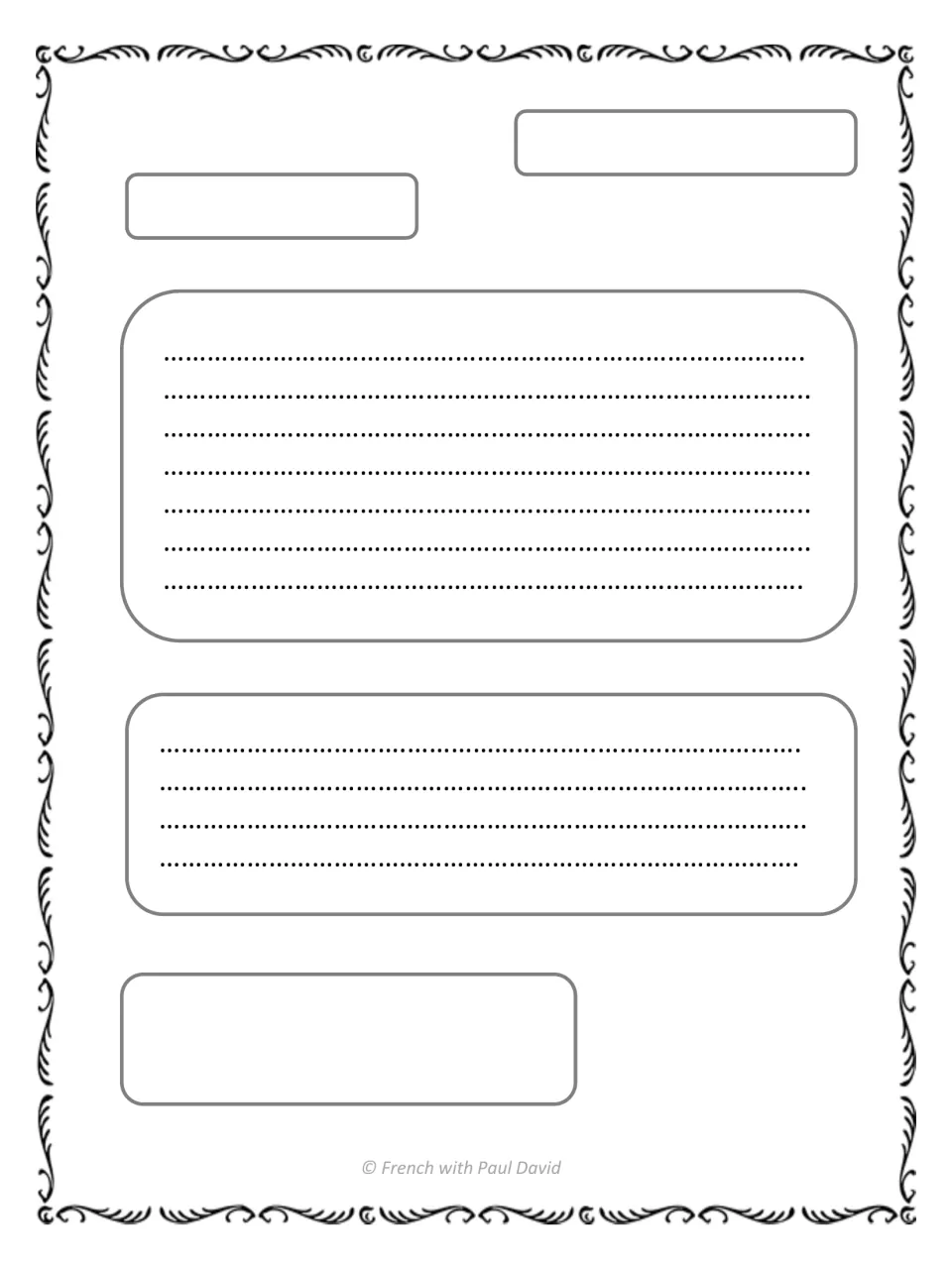 Friendly letter template: students draft a letter with spaces for header, greeting, body, conclusion and signature