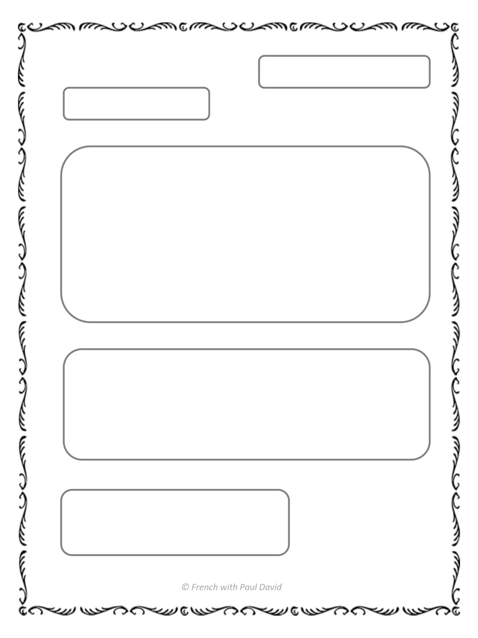 Unlined friendly letter frame: students fill spaces for date, greeting, body, closing and signature without guides