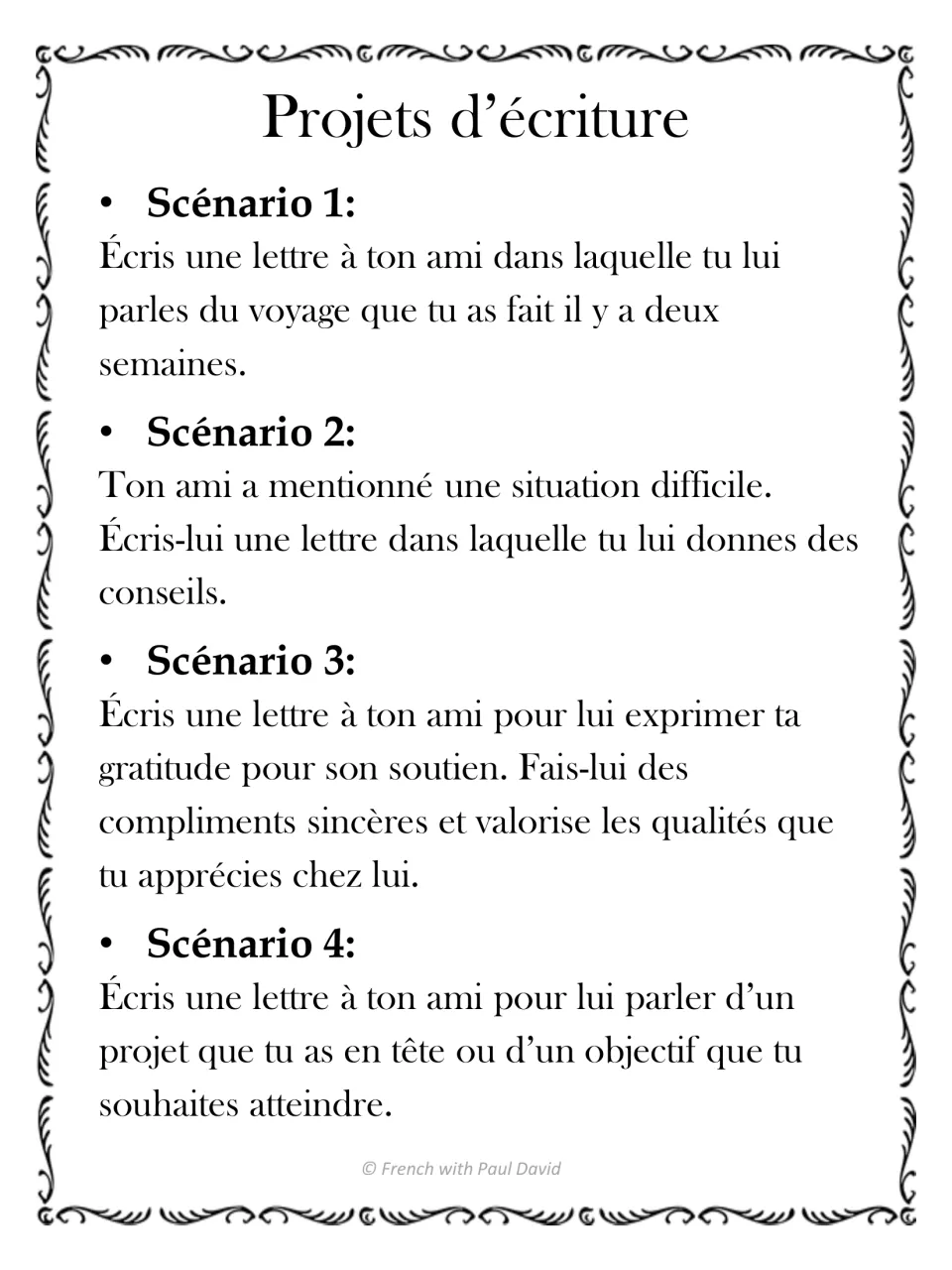 Projets d'écriture: four French letter prompts, such as describing a recent trip, giving advice or thanking a friend