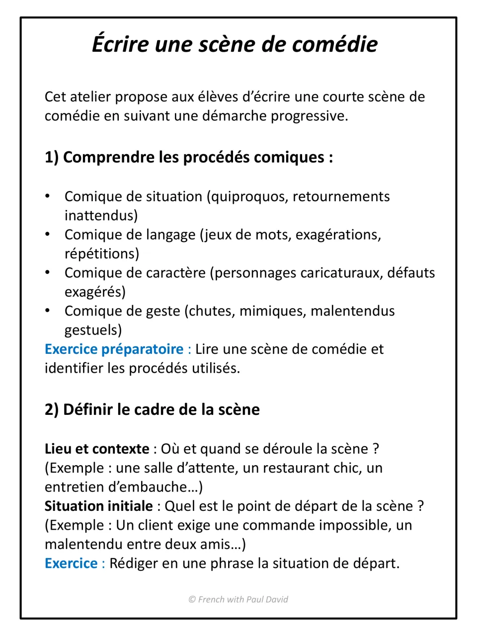 French comedy-writing workshop, steps 1-2: students identify four comic devices, then define a scene's setting and opening