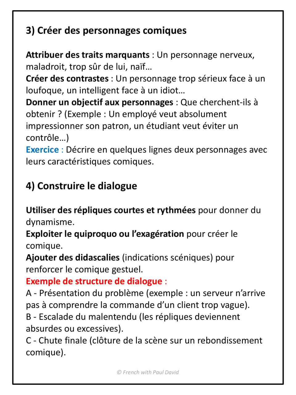 Steps 3-4, comic characters and dialogue: students describe two characters' comic traits; A-B-C dialogue structure model
