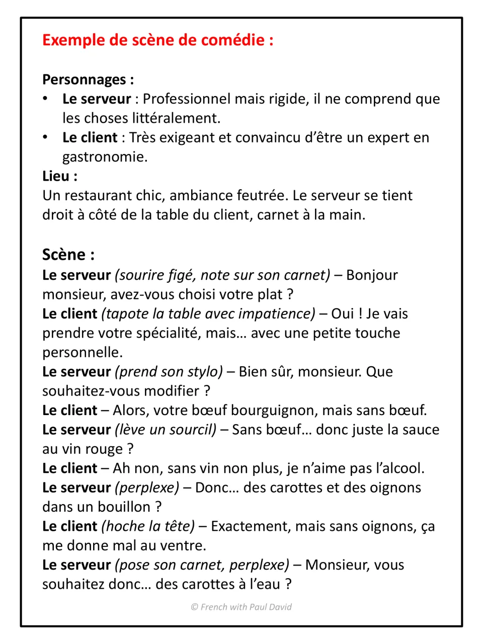 Model comic scene in French: a literal-minded waiter and a fussy diner ordering beef bourguignon without beef