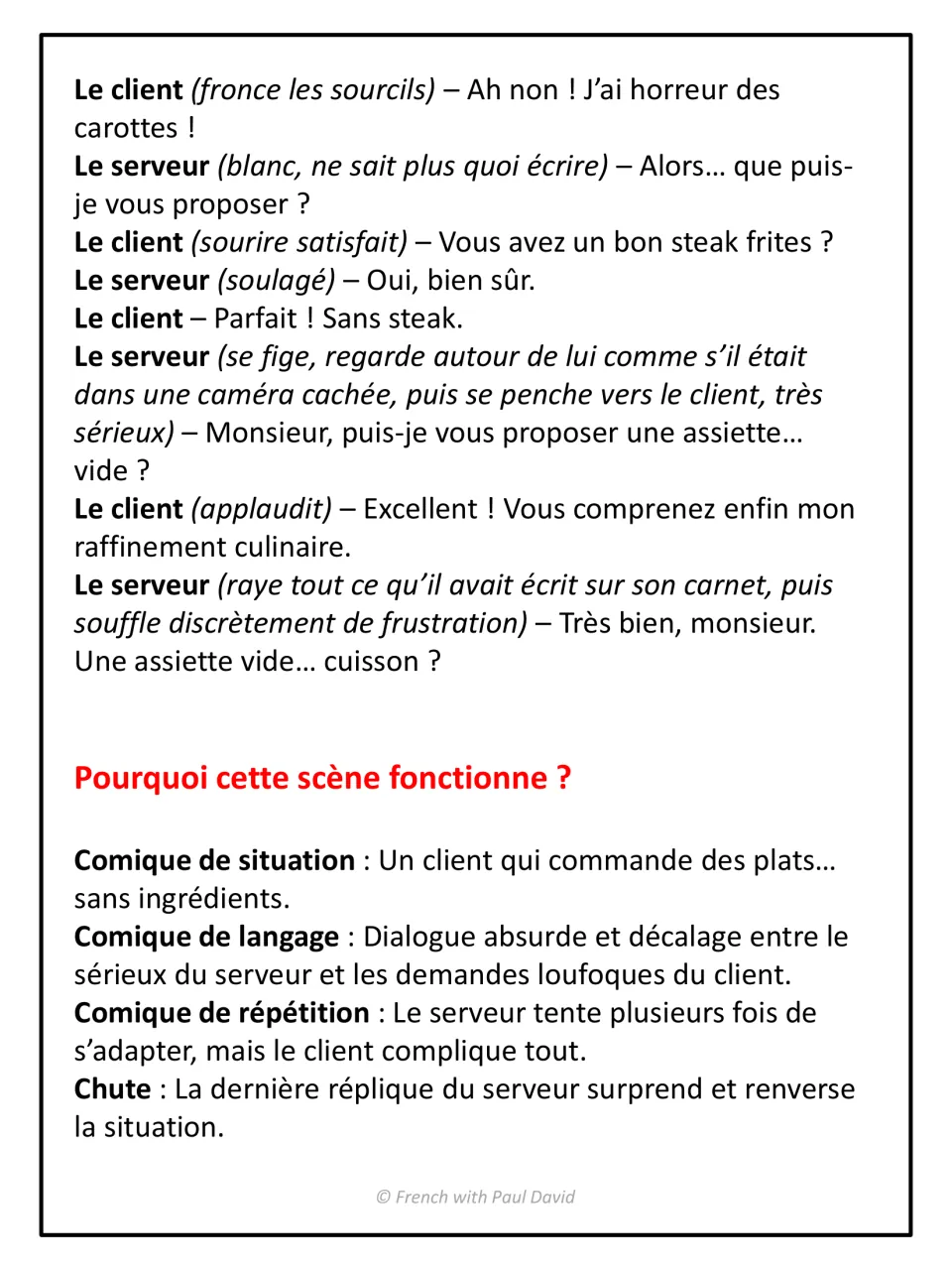 Restaurant scene's ending with an empty plate, then 'Pourquoi cette scène fonctionne ?' analysis of the comic devices used