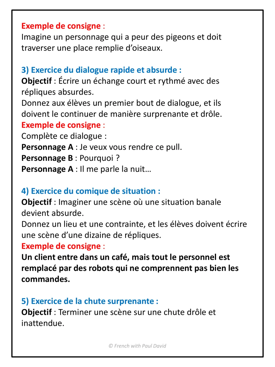 Exercise ideas 3-5: students continue a talking-sweater dialogue, write a robot café scene and plan a surprise ending