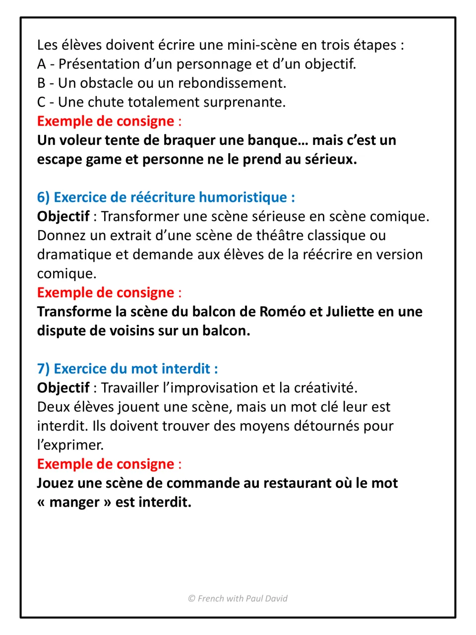 Exercise ideas 5-7: a twist-ending mini-scene, a comic Romeo and Juliet balcony rewrite and a forbidden-word improv