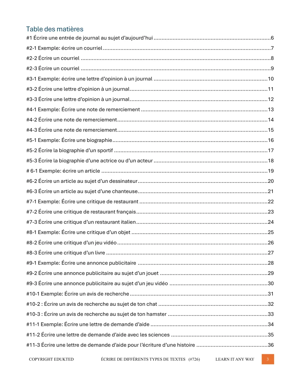 First contents page lists French writing sections 1–11, from a journal entry to letters requesting help