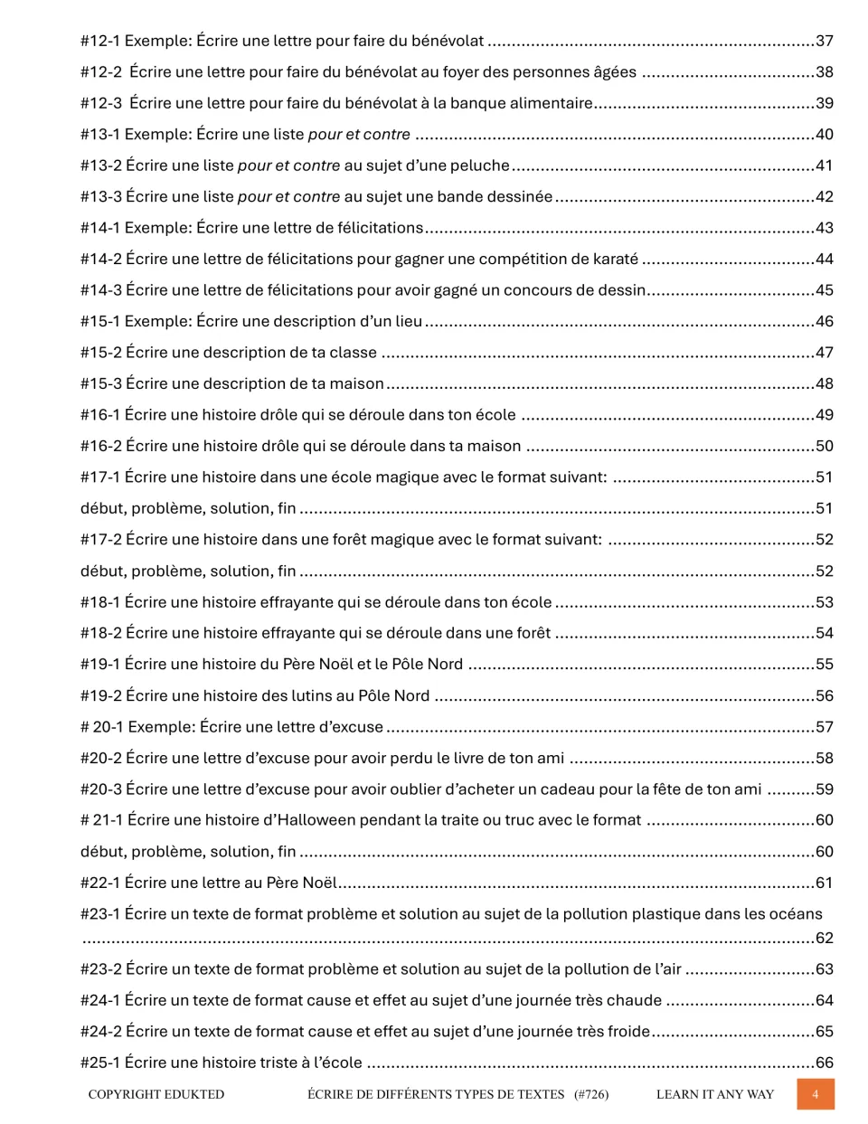 Second contents page lists French writing sections 12–25, including volunteer letters and story prompts