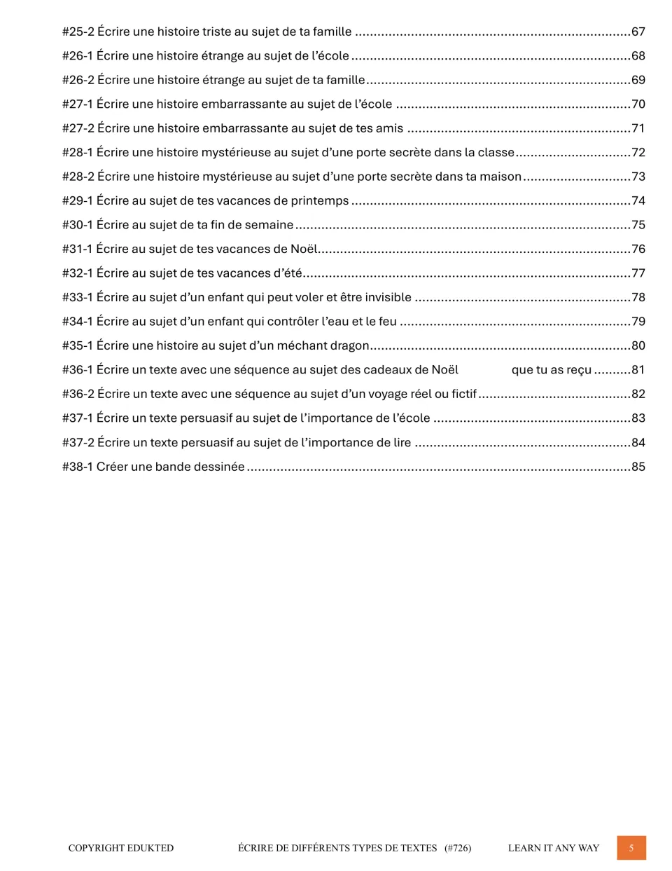 Final contents page lists French writing sections 25–38, including mysteries, persuasive texts, and a comic