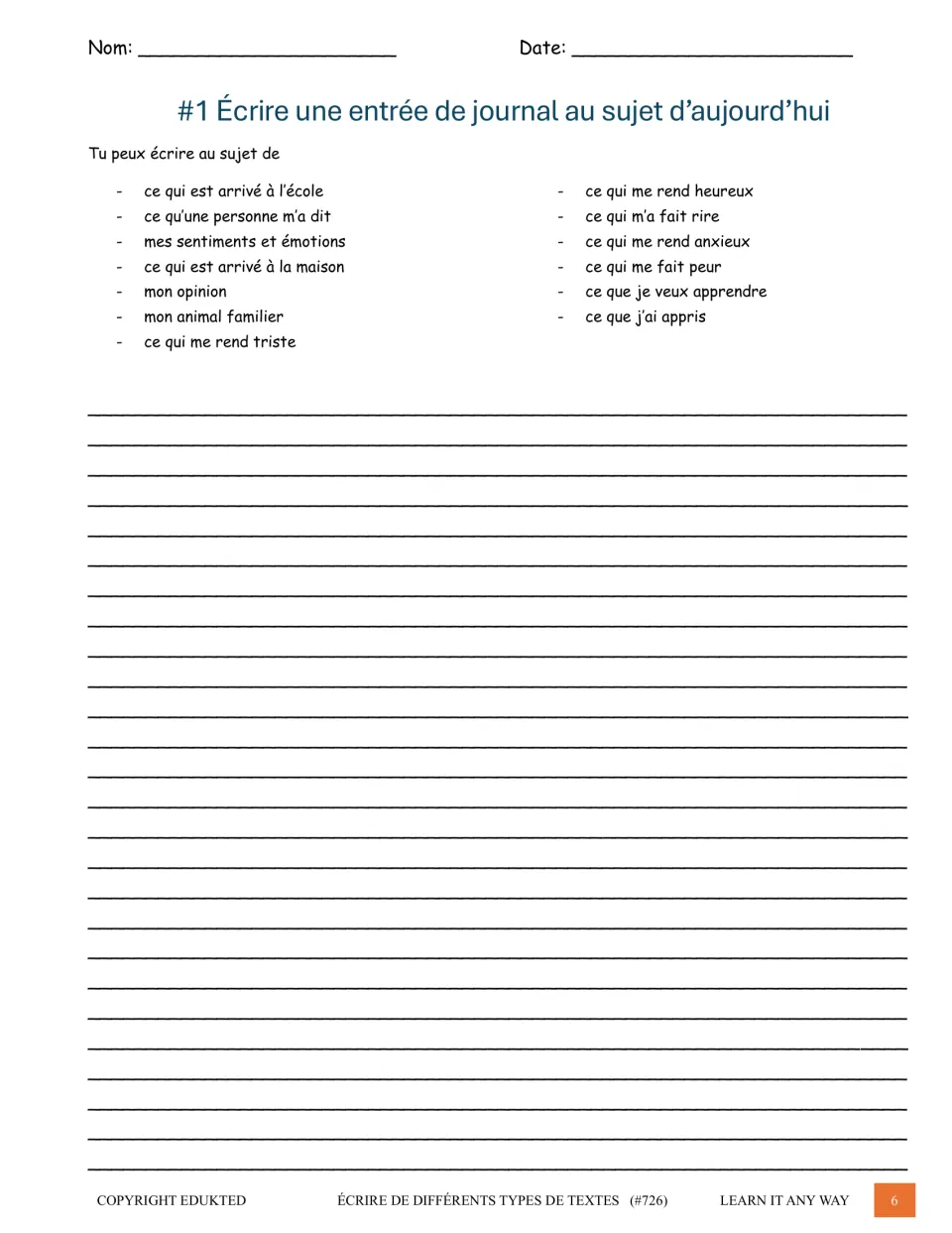 French journal prompt asks students to write about today, suggesting school events, feelings, and learning