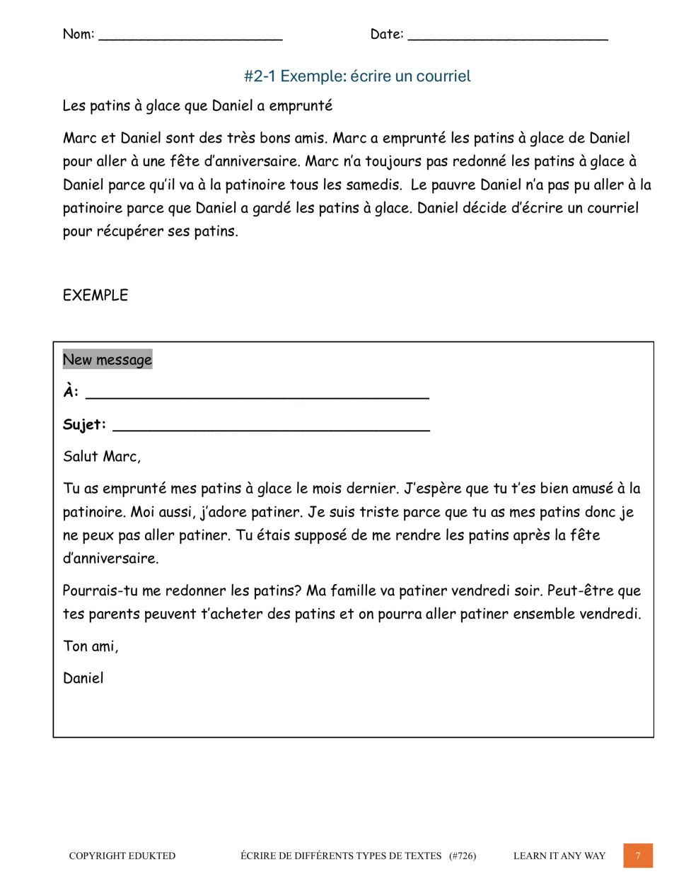 French model email from Daniel asks Marc to return borrowed ice skates before a Friday family skating trip
