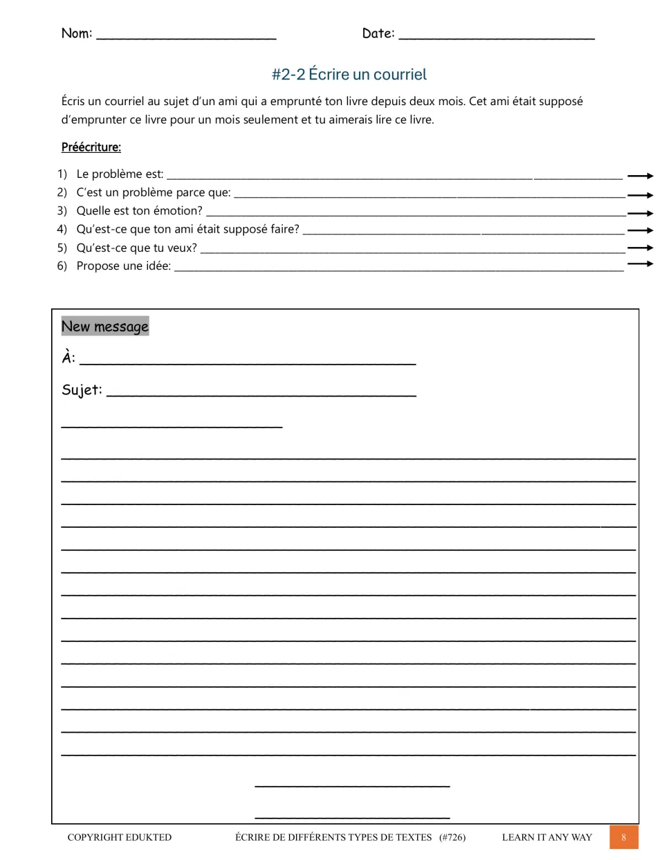 French email writing prompt asks for a borrowed book back, with six prewriting questions to plan the message