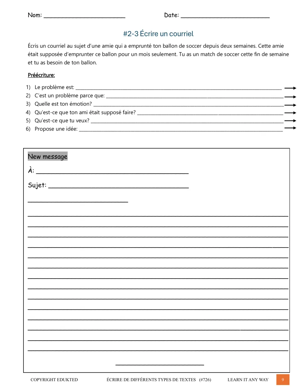 French email writing prompt requests a borrowed soccer ball for a weekend game, with six planning questions