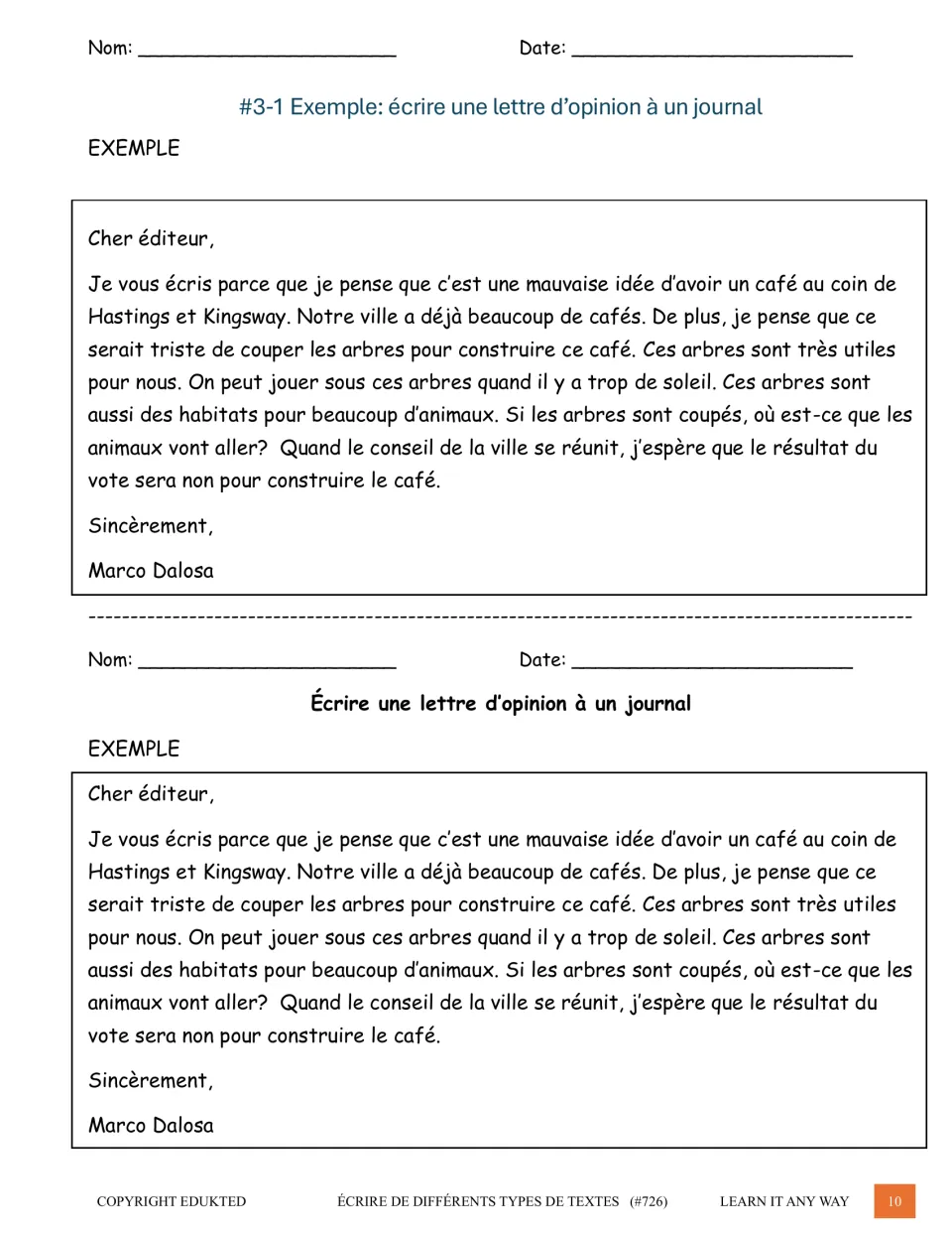 French model opinion letter opposes cutting trees to build a cafe, printed twice as a letter to an editor