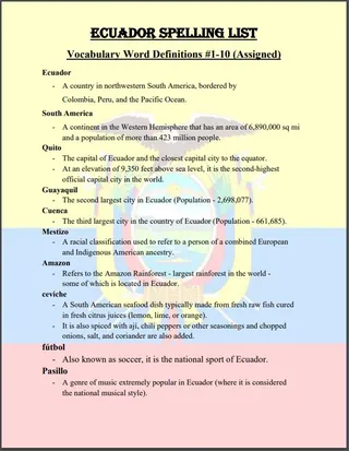 Ecuador Spelling List – sample page 3