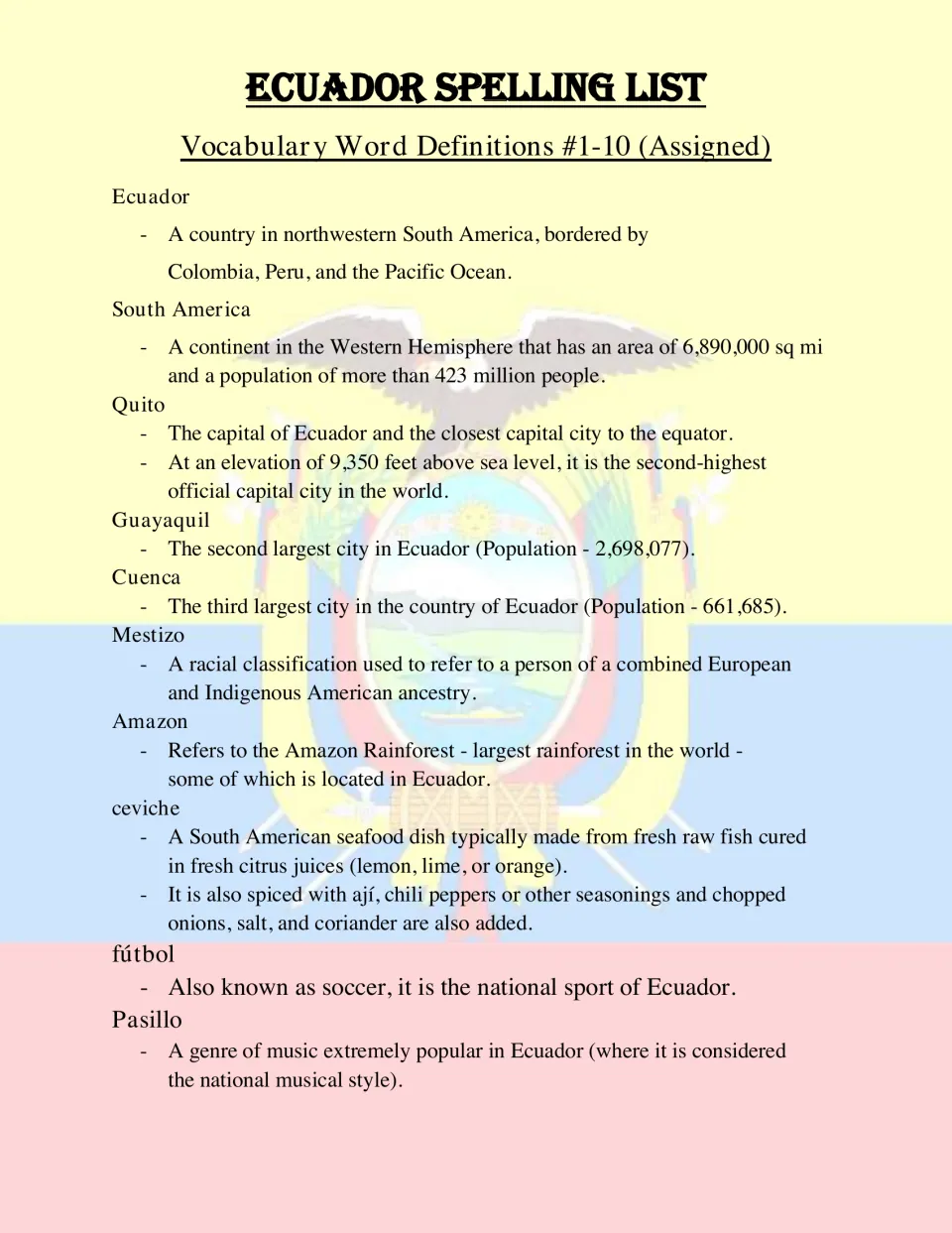 Vocabulary definitions 1-10 explaining Ecuador, Quito, Guayaquil, Cuenca, Mestizo, Amazon, ceviche, fútbol and Pasillo