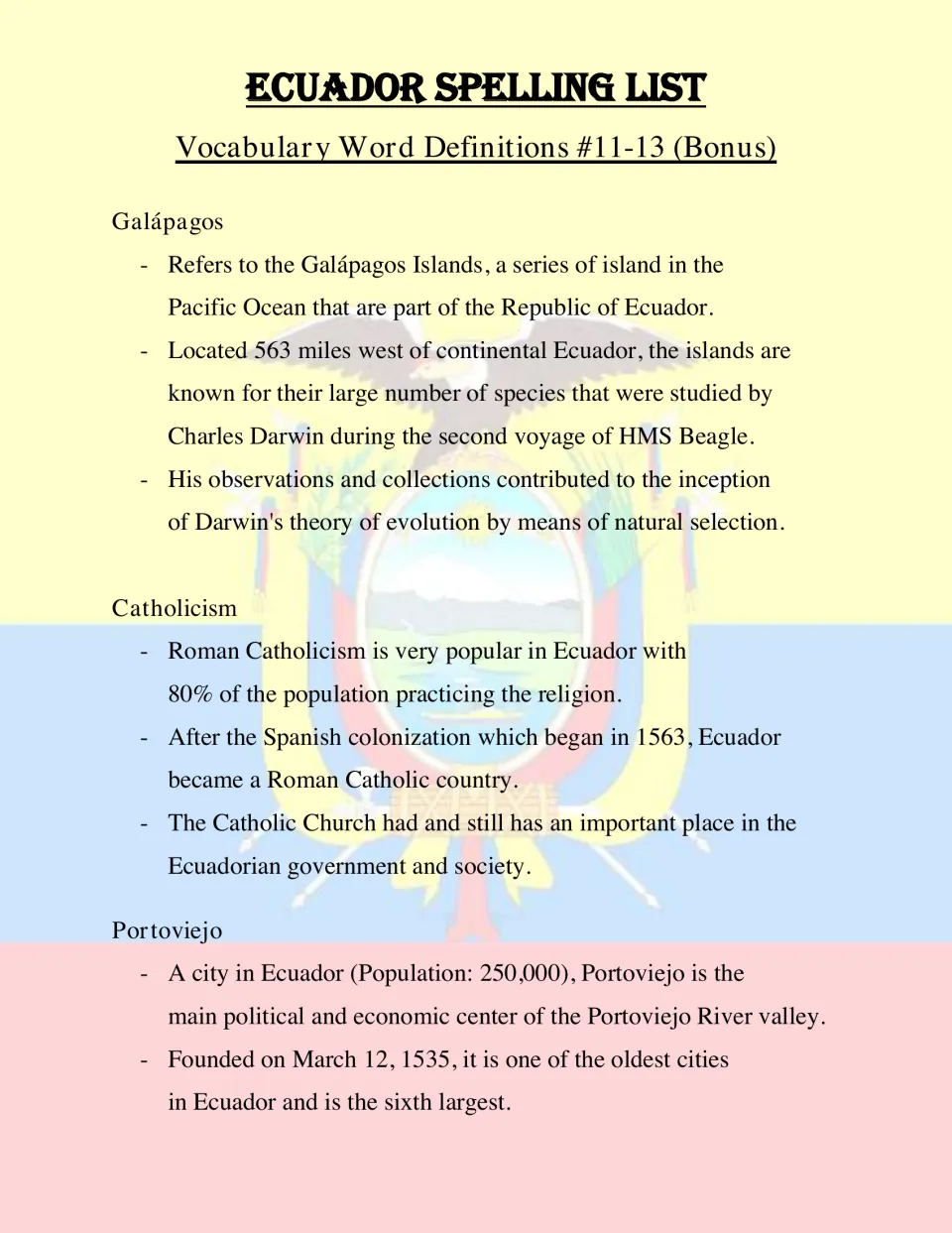 Bonus definitions 11-13: Galápagos Islands and Darwin, Roman Catholicism in Ecuador, and the historic city of Portoviejo