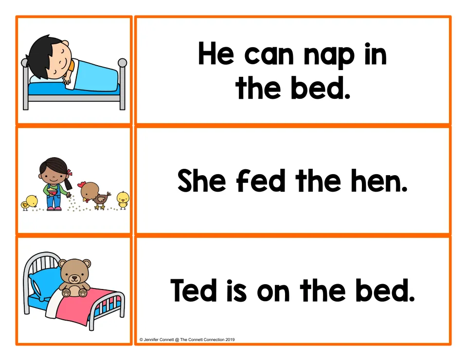 -ed word family matching cards: pictures pair with He can nap in the bed, She fed the hen and Ted is on the bed