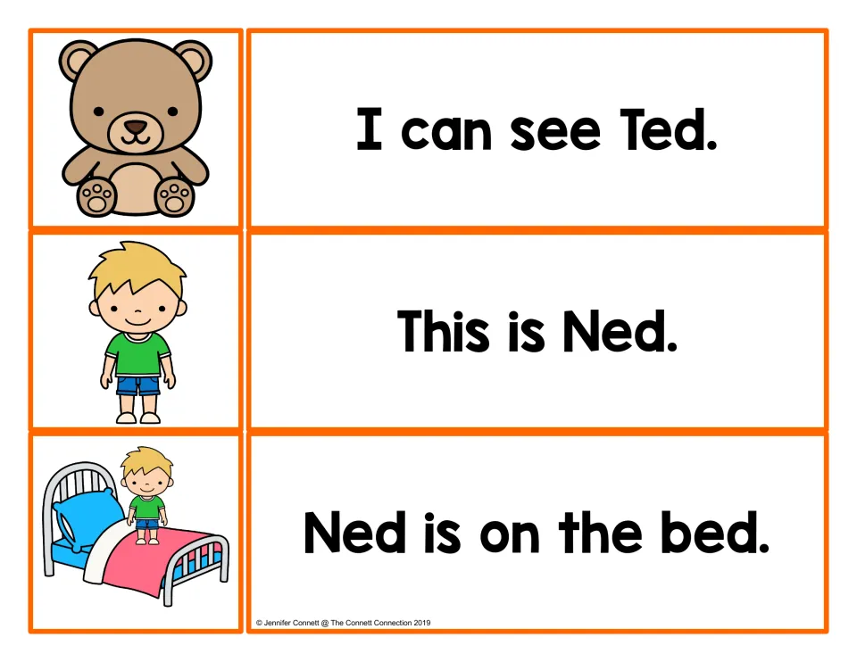 -ed sentence cards to match with pictures: I can see Ted, This is Ned and Ned is on the bed, with bear and boy art