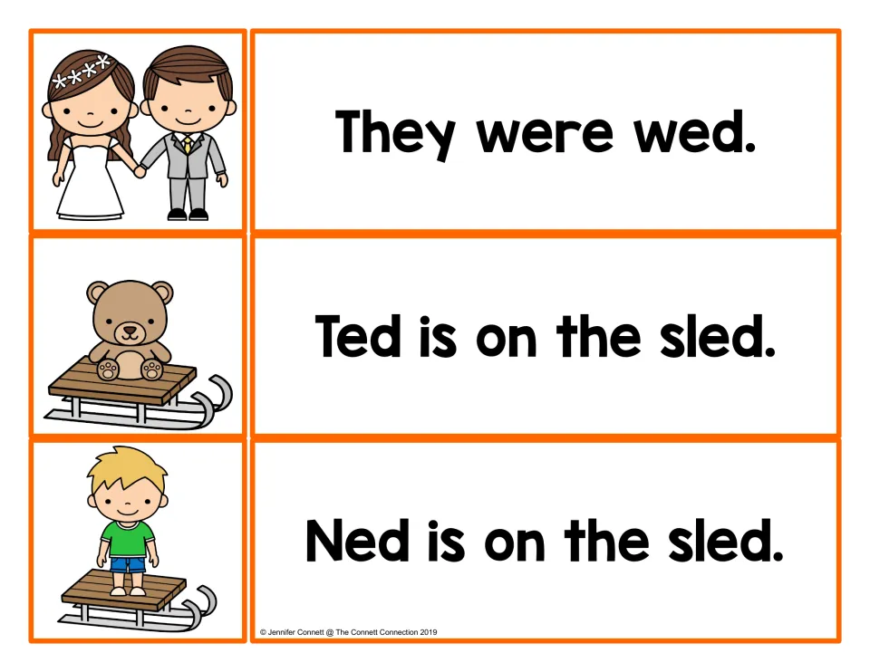 -ed word family sentences for picture matching: They were wed, Ted is on the sled and Ned is on the sled
