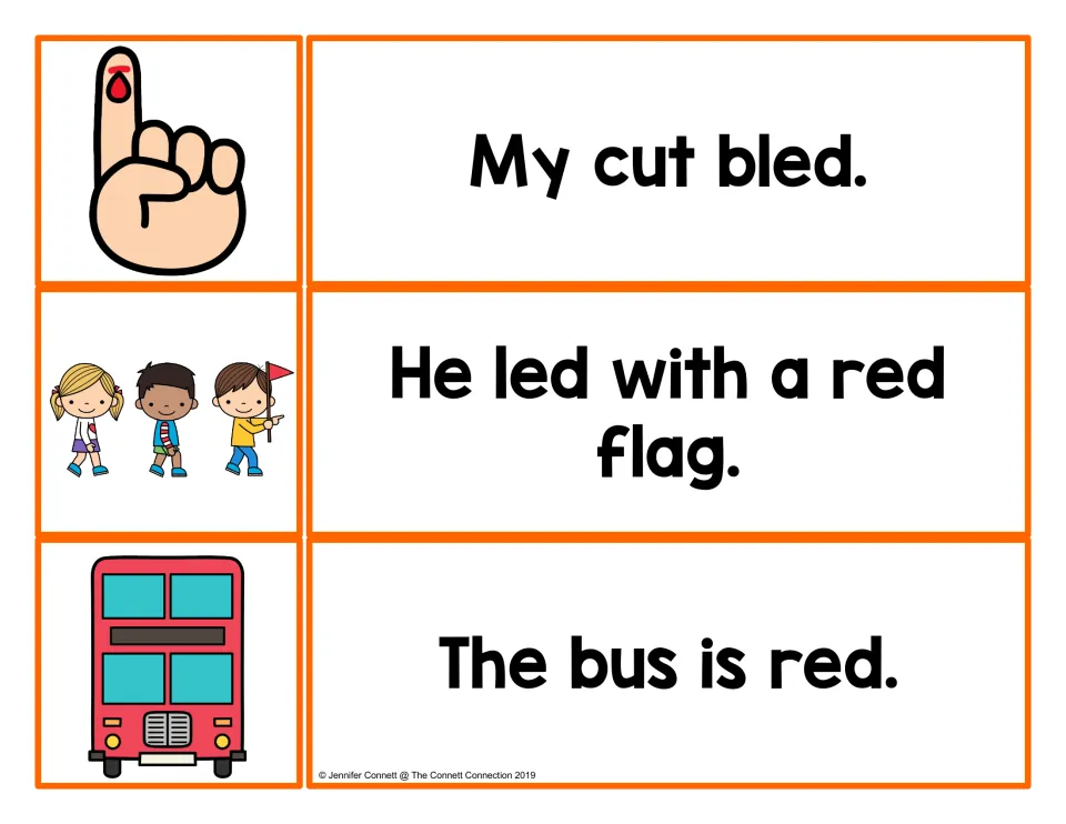 -ed picture and sentence cards to match: My cut bled, He led with a red flag and The bus is red