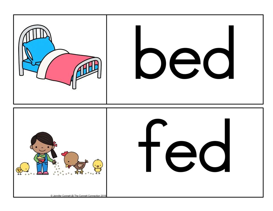 -ed word family cards: bed with a bed picture and fed with a girl feeding chicks, for reading CVC words by picture clue