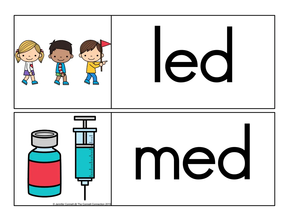 -ed word cards for led, shown by children following a flag leader, and med, shown by a medicine bottle and syringe