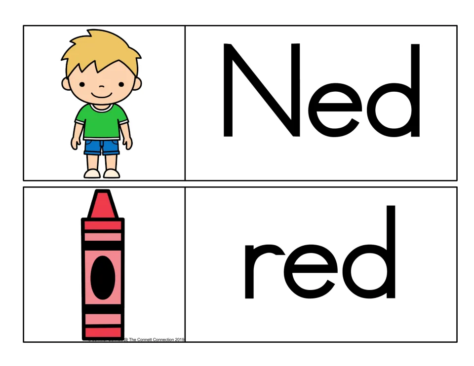 -ed rhyming word cards: the name Ned beside a smiling boy and the color word red beside a red crayon, in black letters