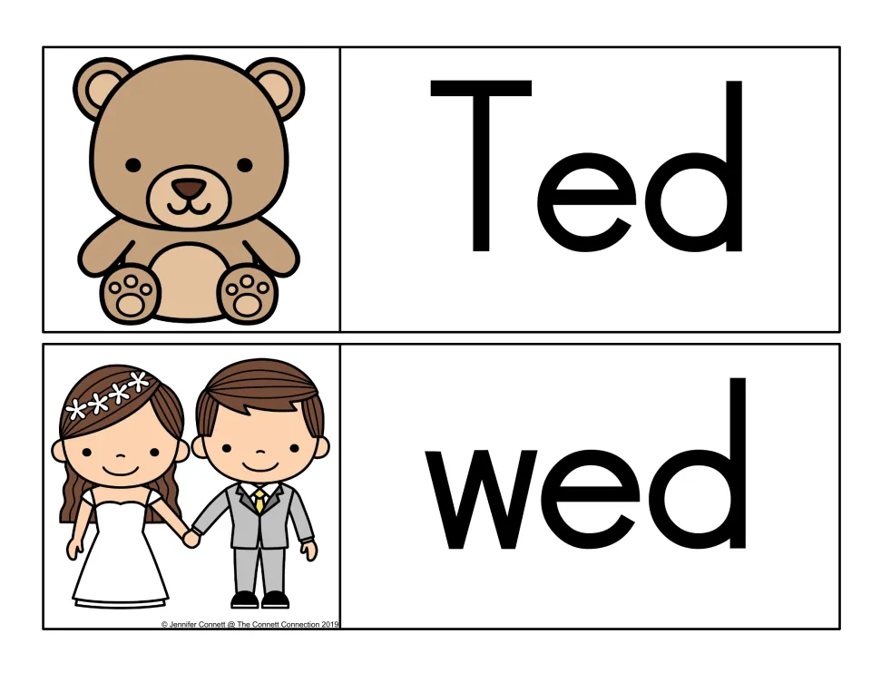 -ed family word cards for Ted, pictured as a teddy bear, and wed, pictured as a bride and groom holding hands